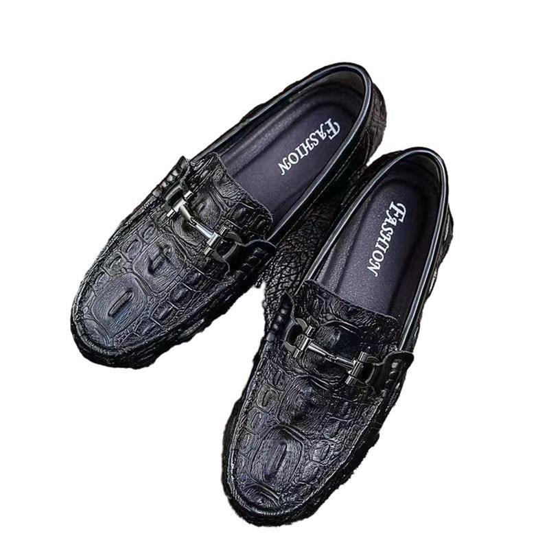 【未使用】 銀座かねまつ ブラック インナーファードライビングシューズ モカシン モカシン クロコ ドライビングシューズ スリッポン 紳士靴 メンズ ワニ