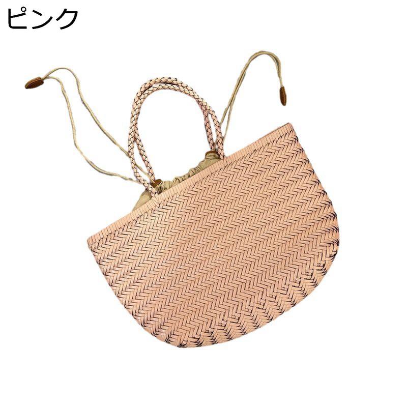 トートバッグ レディース かごバッグ 本革 ショルダーバッグ 巾着 編