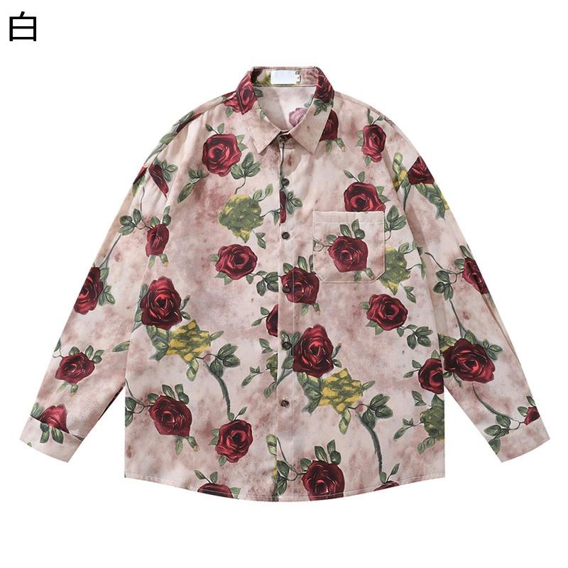 長袖 アロハシャツ メンズ 薔薇柄 春秋 ボタンダウンシャツ レトロ