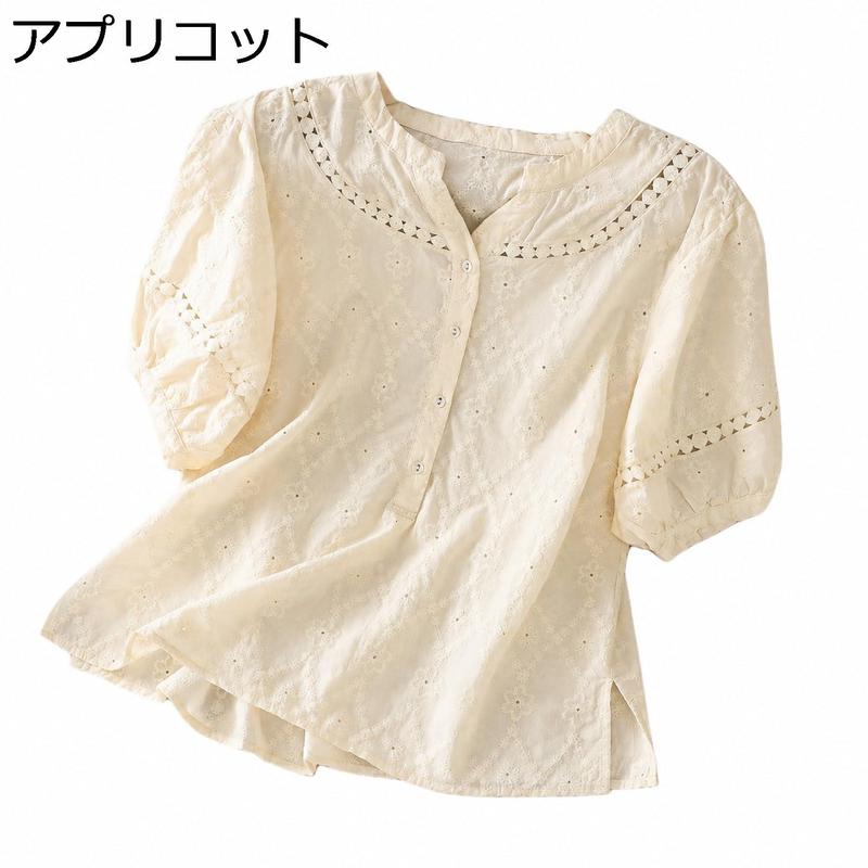ブラウス レディース 半袖 総レース 刺繍 シャツ トップス 綿麻
