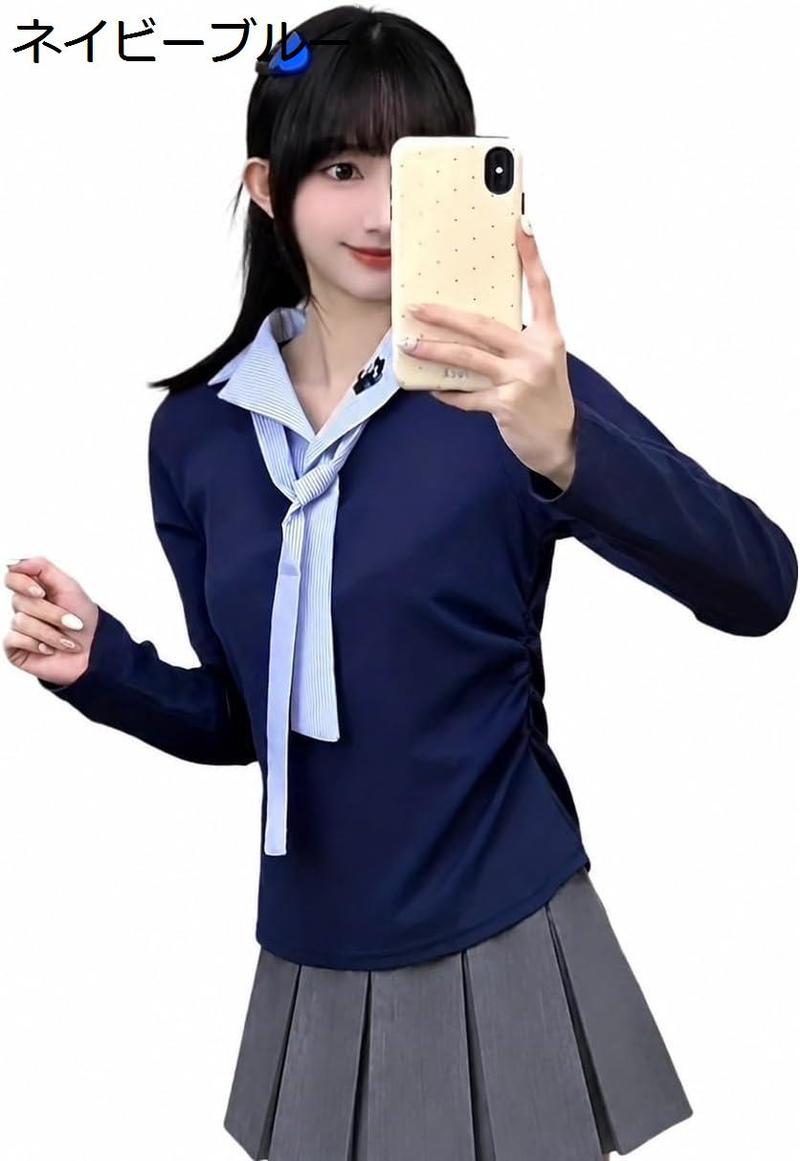 セーラー服風 カットソー レディース 大人可愛い リボン付き ブラウス