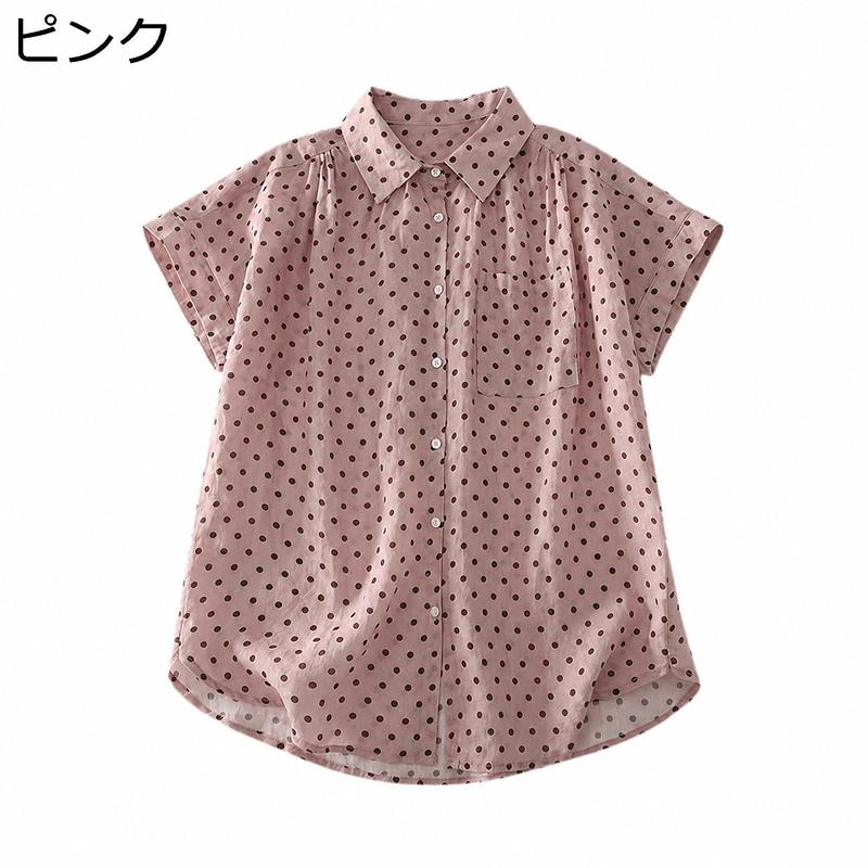 ブラウス レディース 半袖 シャツ ドット 水玉柄 トップス 襟付き 
