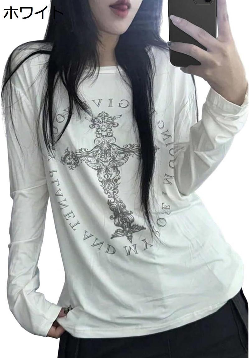 KMRii サーマル リブ 長袖カットソー 十字架 ダメージ加工 ロンT ロンT レディース 長袖 Tシャツ 十字架 地雷系 ゴシック オーバー
