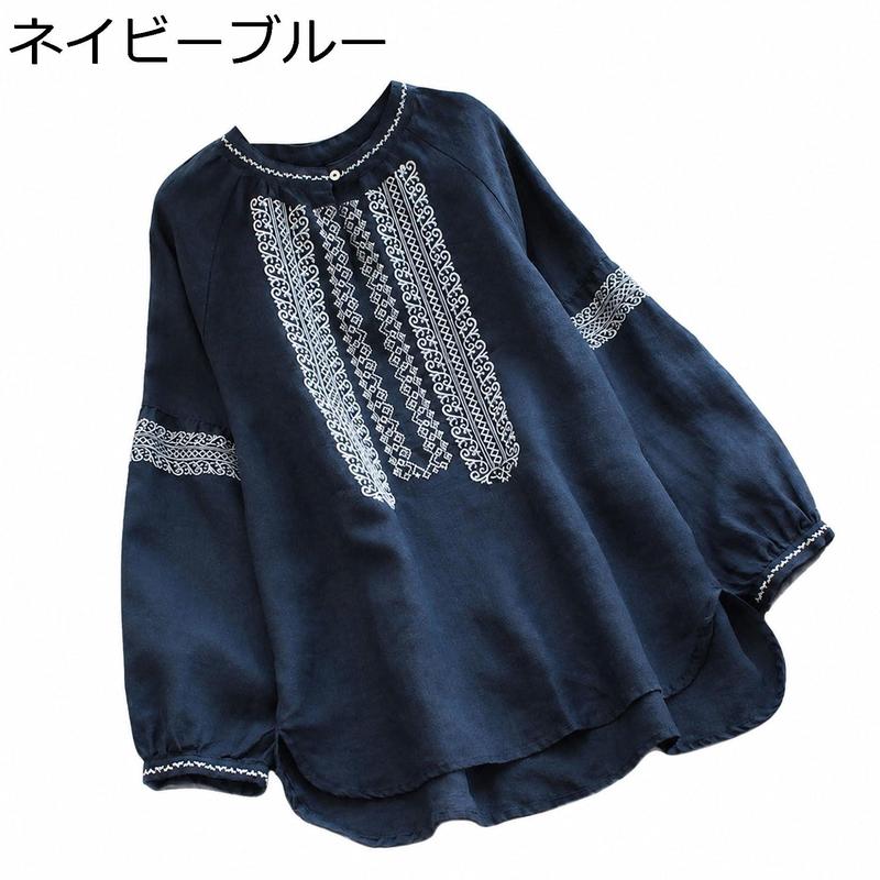 ブラウス レディース 刺繍 チュニック 綿麻 リネン 長袖 バンドカラー