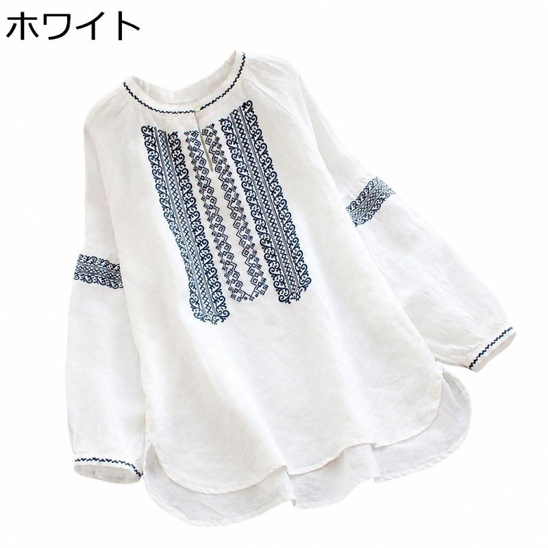 ブラウス レディース 刺繍 チュニック 綿麻 リネン 長袖 バンドカラー