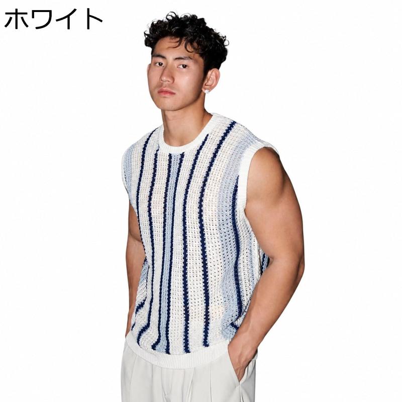 ニットベスト メンズ サマーニット 透かし編み ノースリーブ 縦縞