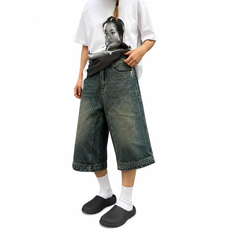 デニムハーフパンツ ワイド バギーショーツ 7分丈 クロップドパンツ