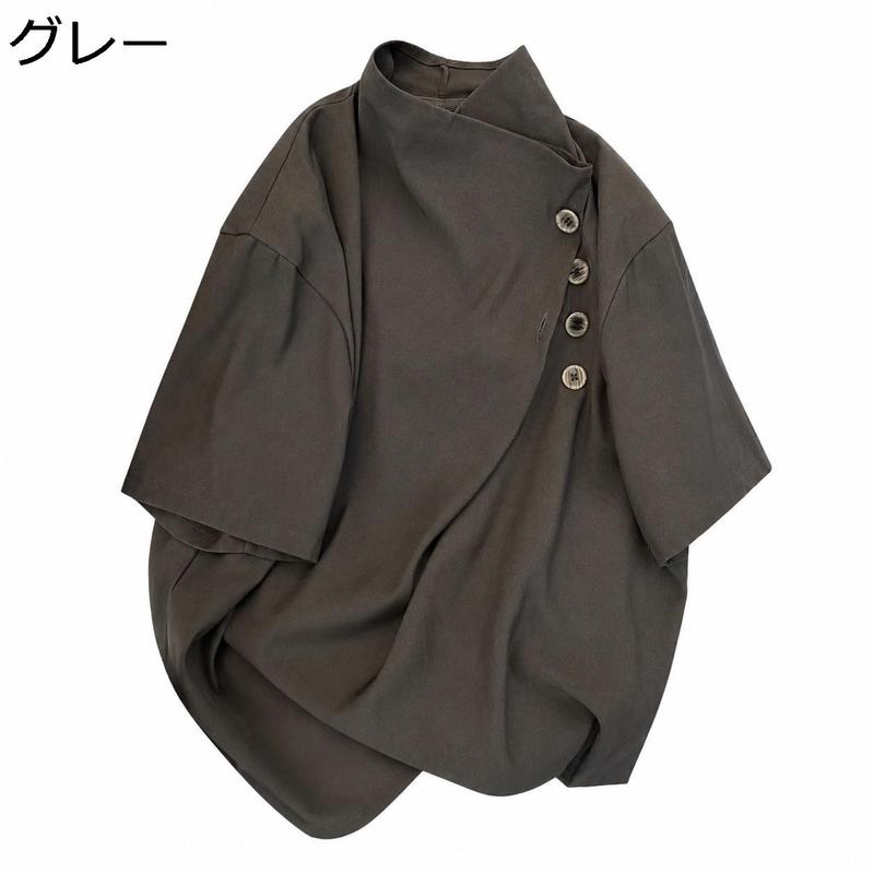 チャイナ風 シャツ メンズ 半袖 ドレープネック アシンメトリー