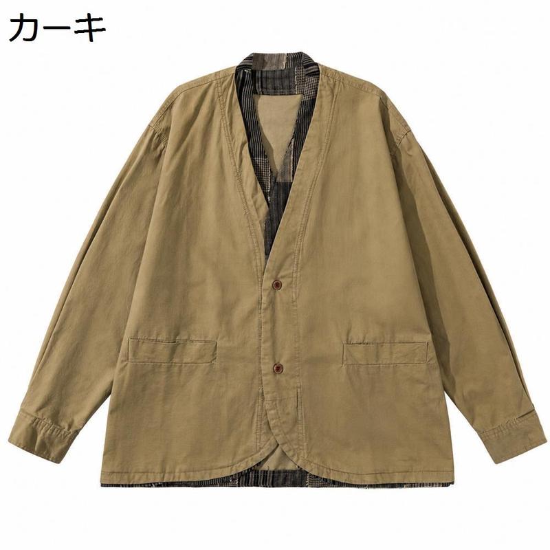 古布パッチワーク刺し子ノーカラージャケット長袖 古布パッチワーク刺し子ノーカラージャケット長袖 古布パッチワーク