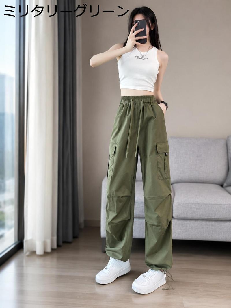 カーゴパンツ レディース ワイド パラシュートパンツ 裾ドロスト