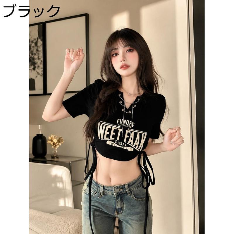 Tシャツ レディース 半袖 ショート丈 へそ出し カットソー レース