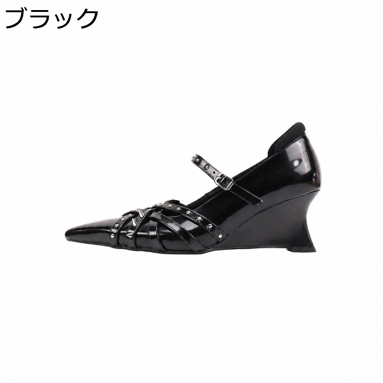 ポインテッドトゥ ウェッジソール パンプス クロスト メリージェーン