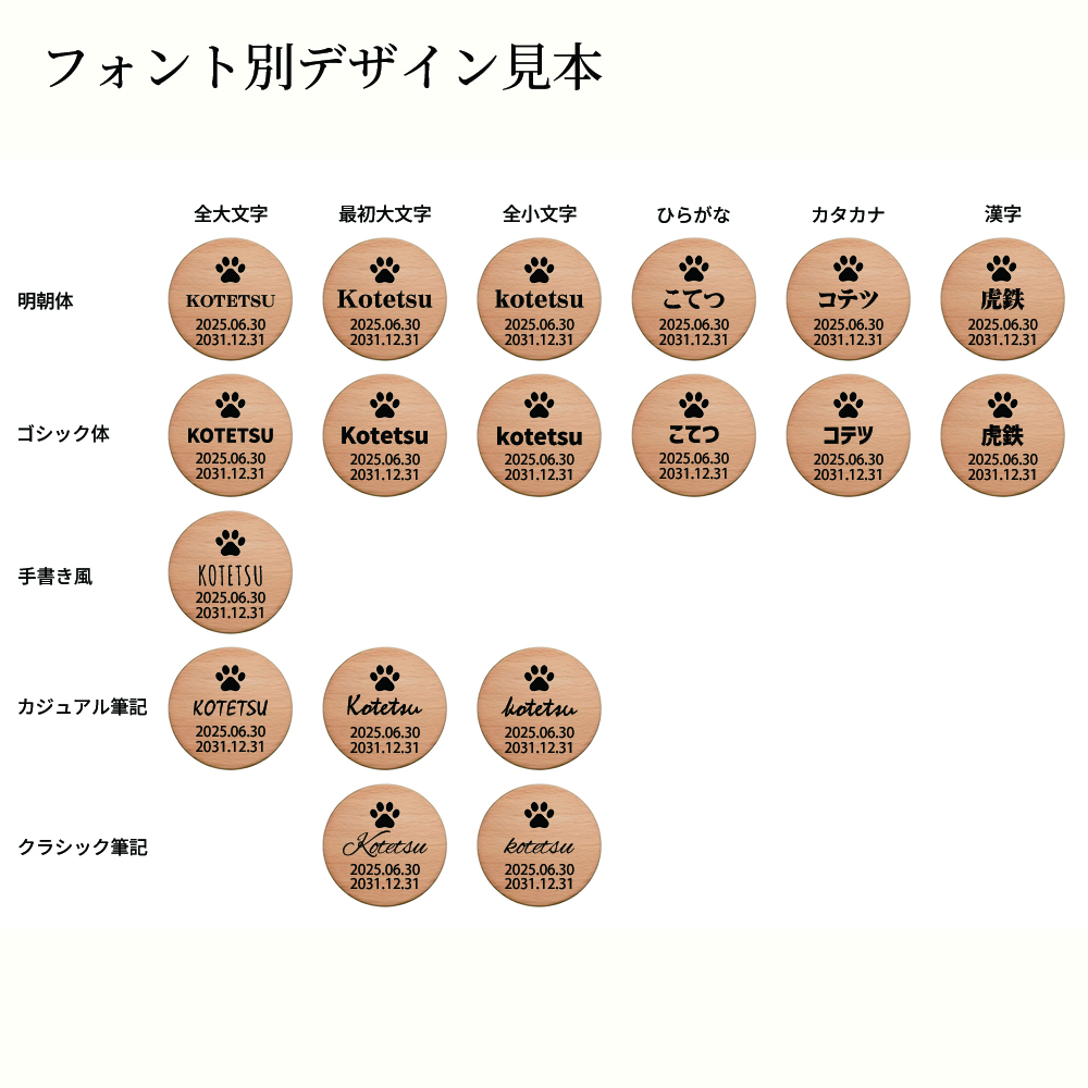 選べるフォント 書体5種類 名入れ文字対応表 明朝体 ゴシック体 筆記体