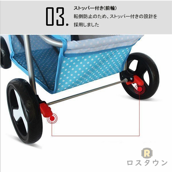 ペットカート 小型犬 折りたたみ 4輪 ストッパー付き 折畳 組立簡単 工具不要 介護用 ドッグカート ペットバギー 犬 猫 小動物｜rostown｜06