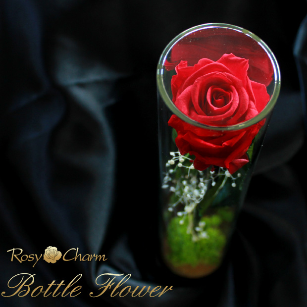 バラ装飾のガラスボトル ボトルフラワー バラ1本 プリザーブドフラワー バラ 誕生日 プレゼント
