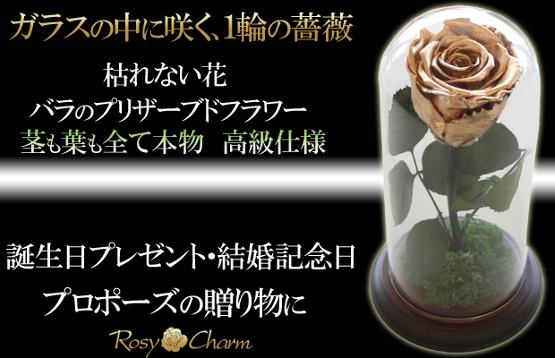 ガラスドーム メタリックローズ 1本 プリザーブドフラワー 金・銀・銅