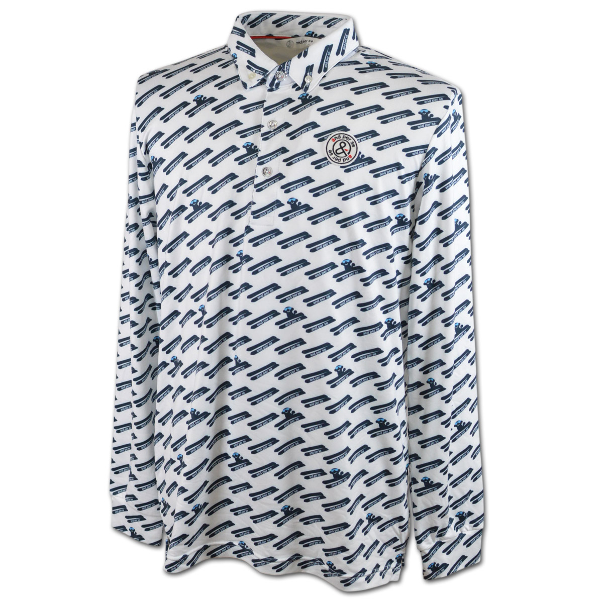 美品 アンパスィ ゴルフウェア 長袖 ポロシャツ 総柄 ブルー メンズ LL 公式・セール】4WAYリップル長袖ラインリブ使いシャツ（メンズ