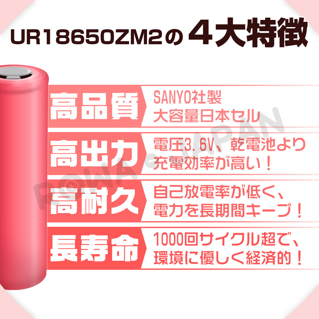 【6本セット】 UR18650ZM2 SANYO製セル リチウムイオン フラットトップ 円筒形 2550mAh 3.6V 1000回充電可能 長持ち｜rowa｜03