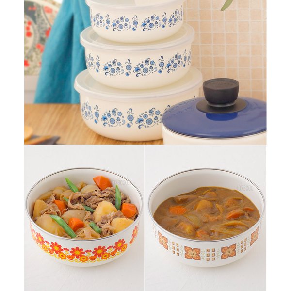 【昭和レトロ★未使用】保存容器　3個セット　　　ホーロー ホーロー容器 丸型 蓋付き 18cm レトロ 富士ホーロー メモリーズ