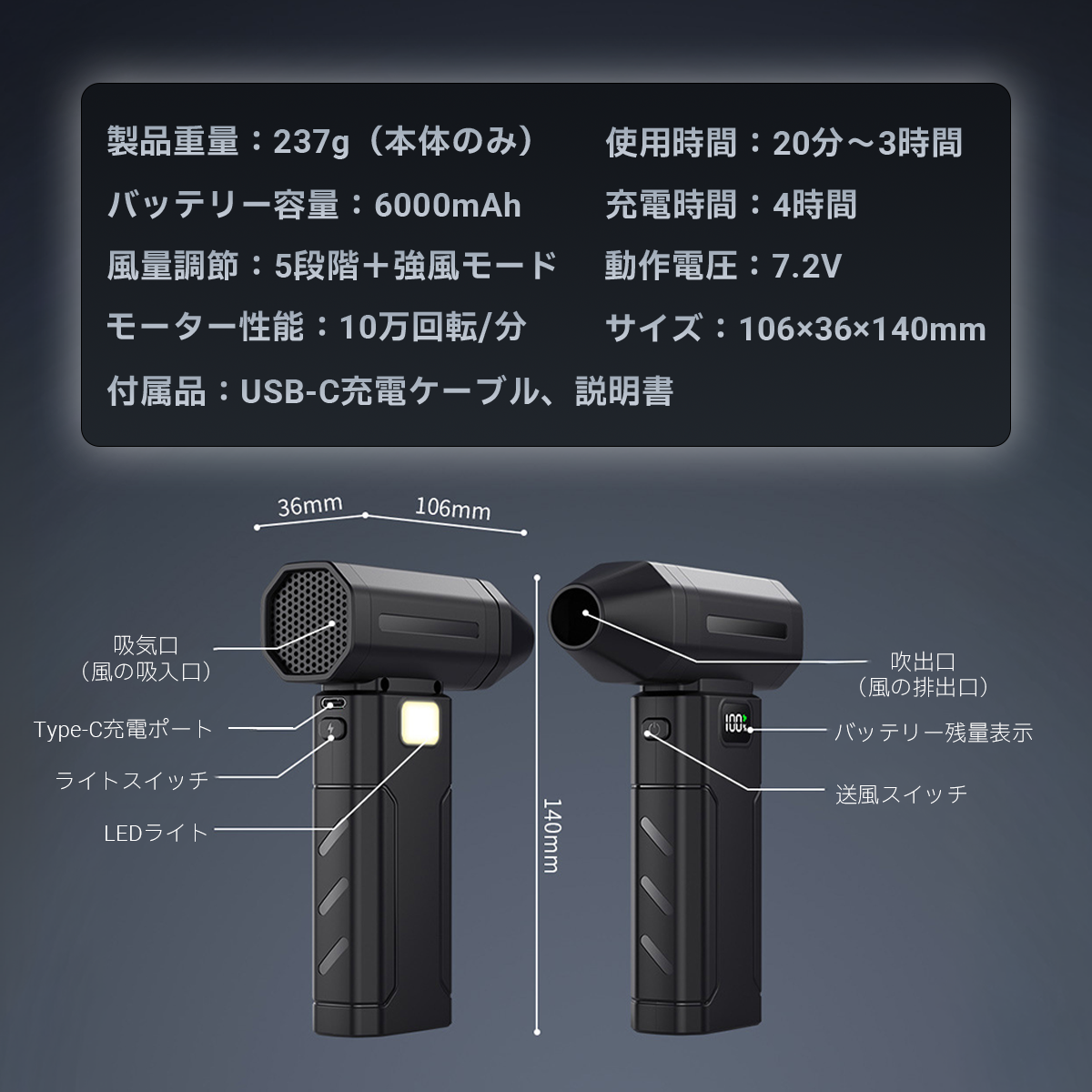エアダスター ターボファン ブロワー 電動 充電式 強力 強風 小型 ミニ