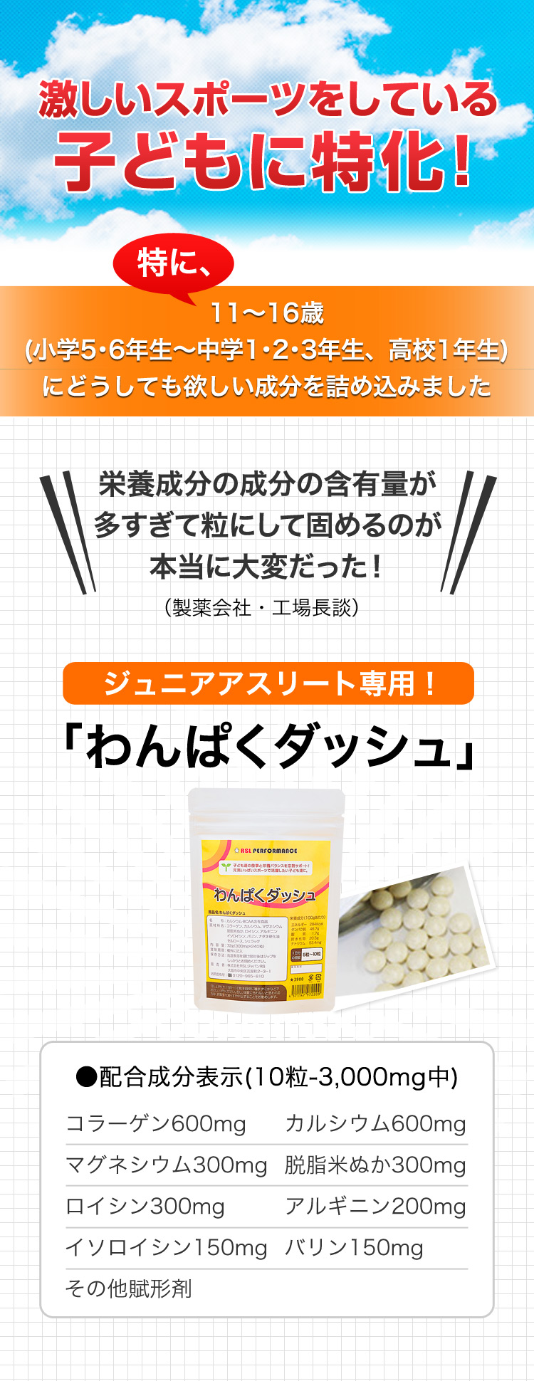 わんぱくダッシュ 激しいスポーツや部活をする成長期10代の子どもにおすすめ 必須アミノ酸(BCAA)・カルシウム・マグネシウムなどを最適配合  1袋約30日分