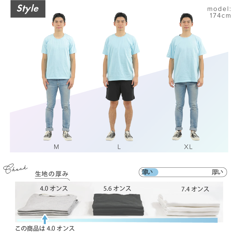 tシャツ メンズ 薄手 半袖 サイズ比較と厚さ