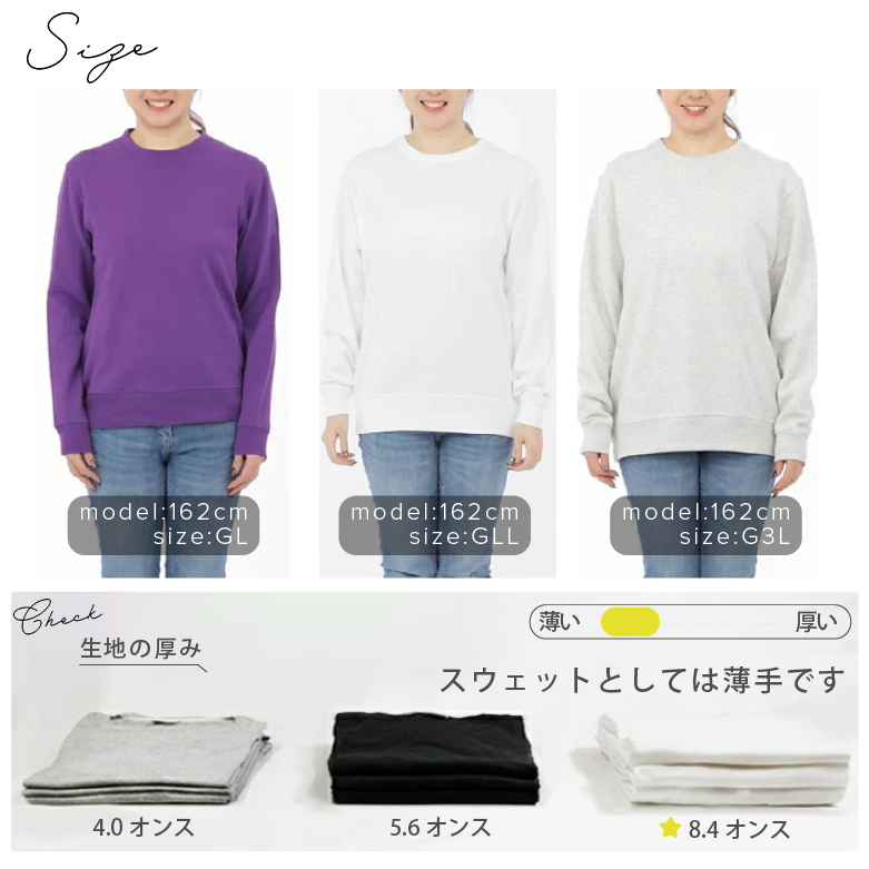 トレーナー メンズ 秋冬 サイズ比較 生地の厚さ