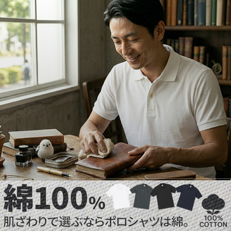 コットンポロシャツ メンズ 半袖 綿100% 厚手 白い 清潔感 ビジカジ