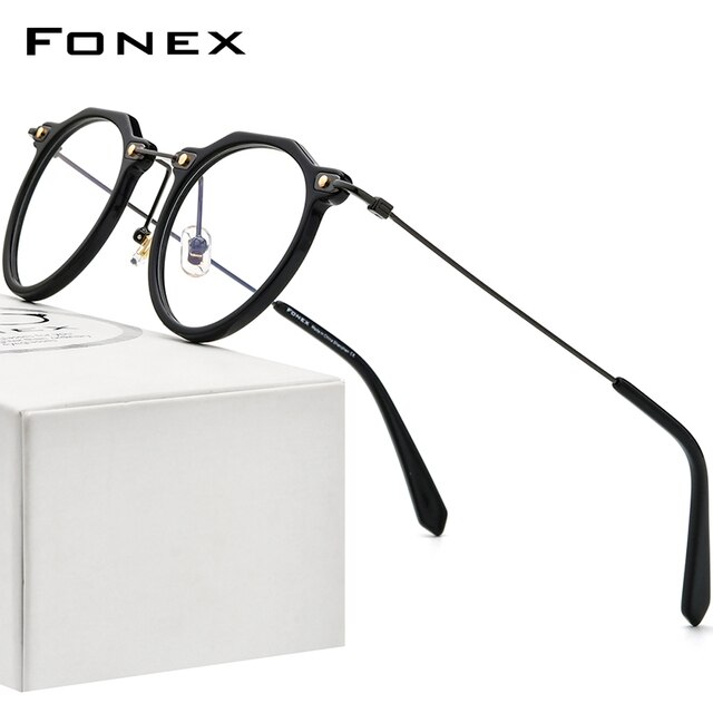 FONEX 男性と女性のための超薄型眼鏡，チタンフレーム，レトロなポリゴン，丸い光学レンズ，リファレンスf85738