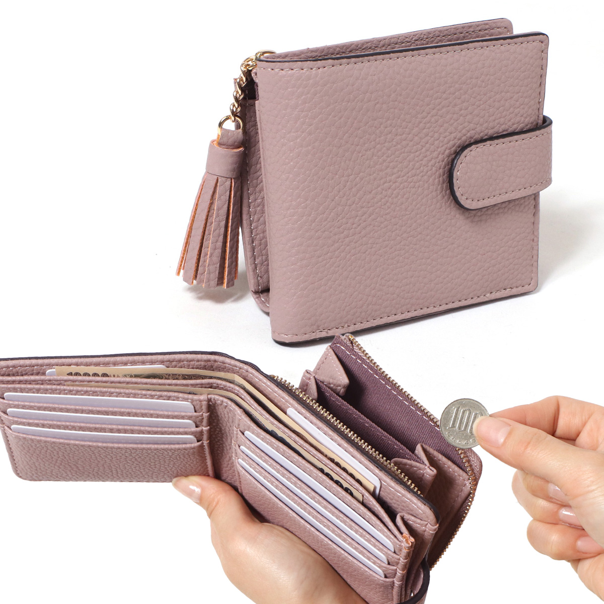 財布 レディース 二つ折り 使いやすい お札2か所 中仕切りあり L字ファスナー ベルト付き コンパ...
