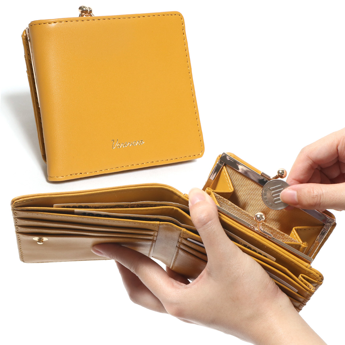 がま口財布 レディース 二つ折り財布 使いやすい お札2か所 小銭入れ 中仕切りあり 大容量 コンパクト カードケース 小さめ 仕切り 2つ ミニ財布 時短｜ruckruck｜03