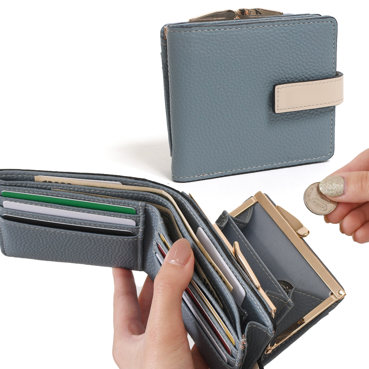 二つ折り財布 レディース がま口 大容量 おしゃれ 時短 使いやすい ベルト 札入れ カードポケット...