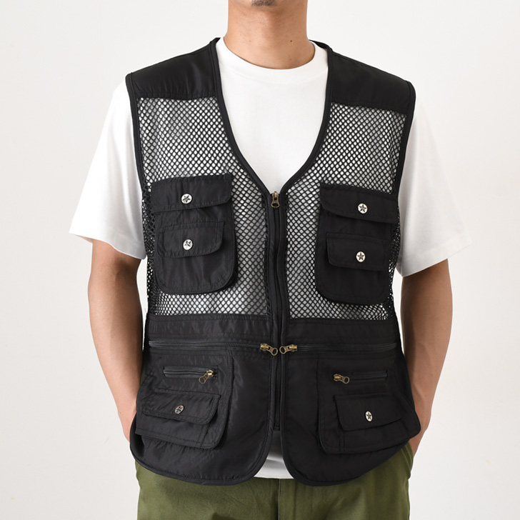 SUNLINE フィッシングベスト 黒 メッシュ REAL STYLE メッシュベスト メンズ 夏 フィッシングベスト 前開き