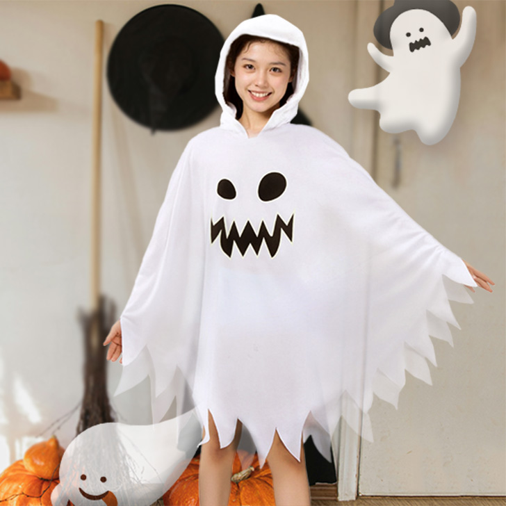 子ども フード付き おばけポンチョ Mサイズ ハロウィン 仮装 男の子 女の子 Brightlele ハロウィン コスプレ 衣装 子供 お化け ポンチョ