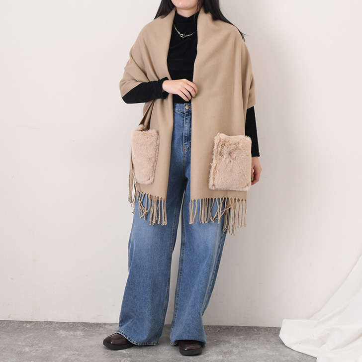 ファー付き ストール ポンチョ ショール レディース 大判