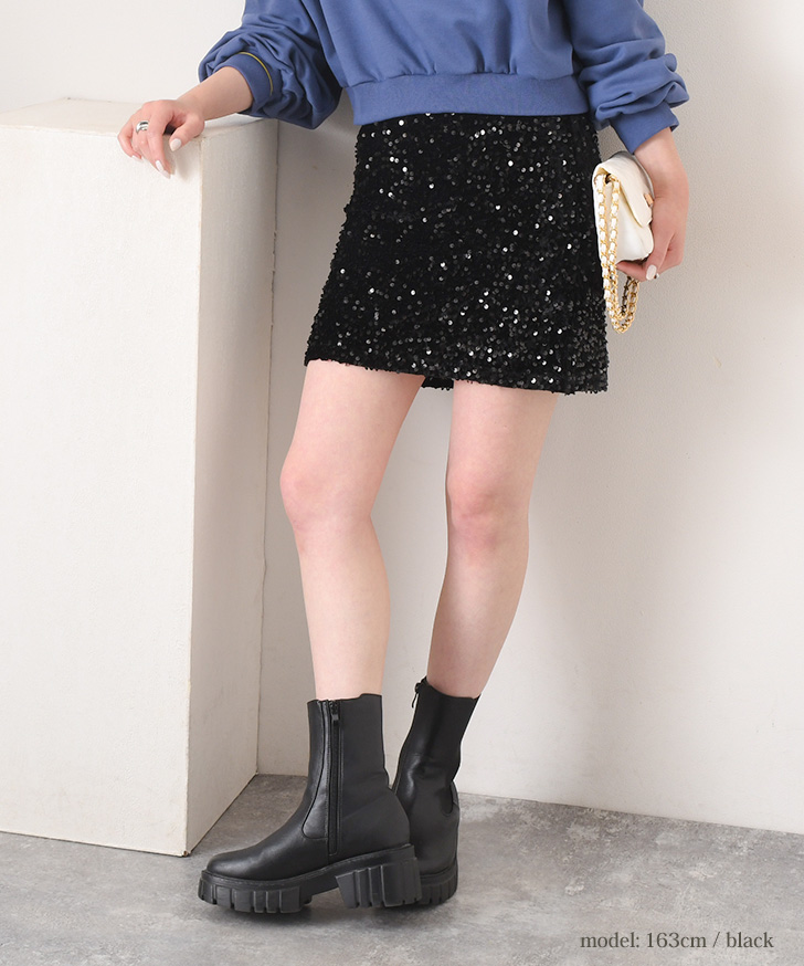 DABUWAWA スリム ベロアスカート スパンコール入り ミモレ丈 REAL STYLE（ファッション） ミニスカート レディース タイト
