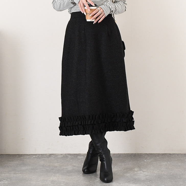 REAL STYLE スカート ウールライク 裾フリル 秋 冬 厚手 ロング ミモレ