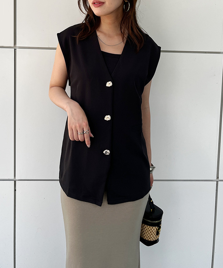 REAL STYLE ベスト ジレ ノーカラー レディース 春 夏 Vネック 薄手 前