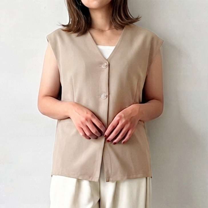 REAL STYLE ベスト ジレ ノーカラー レディース 春 夏 Vネック 薄手 前