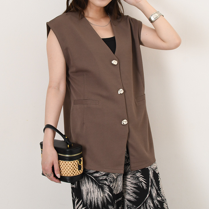 REAL STYLE ベスト ジレ ノーカラー レディース 春 夏 Vネック 薄手 前
