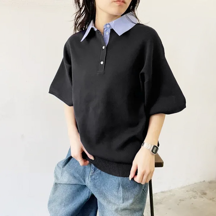 REAL STYLE ニット セーター ポロシャツ ポロニット 無地 ボーダー柄