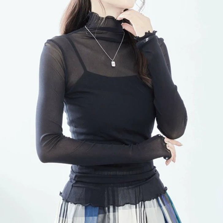 まー•*¨*•.¸♬︎ウェーブネック袖シアートップス ブラック REAL STYLE（ファッション） シアー トップス ブラウス インナー