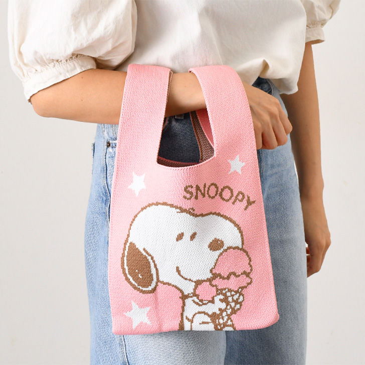 スヌーピー SNOOPY ニットバッグ ミニトート キャラクター グッズ 雑貨 ハンドバッグ レディース 大人 おしゃれ 小さめ 軽い 軽量 手提げ | SNOOPY | 01