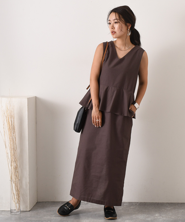 【美品✨】格子模様セットアップ ノースリーブワンピース ゆったりサイズ ブラウン REAL STYLE（ファッション） ワンピース レディース 夏 きれいめ