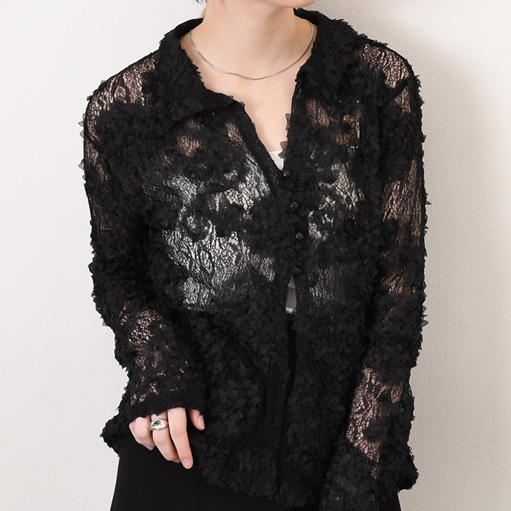 REAL STYLE シャツ レディース 長袖 レイヤード 重ね着 フリル レース