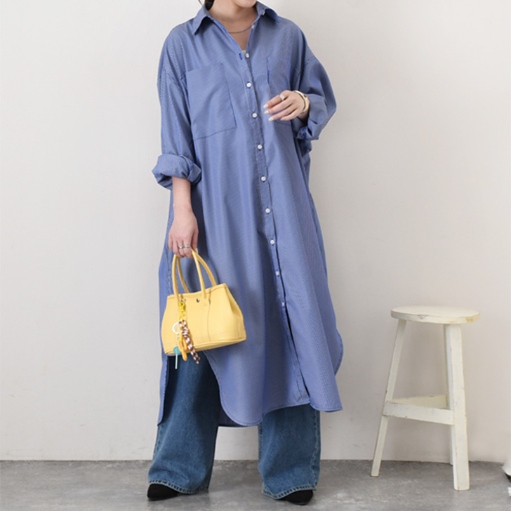 REAL STYLE シャツワンピース レディース 長袖 ストライプ ロング丈 春
