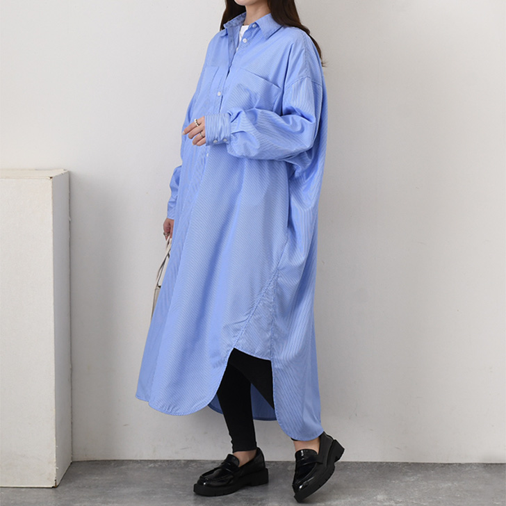 REAL STYLE シャツワンピース レディース 長袖 ストライプ ロング丈 春