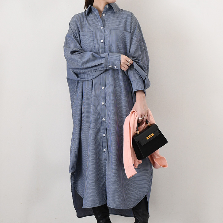 REAL STYLE シャツワンピース レディース 長袖 ストライプ ロング丈 春