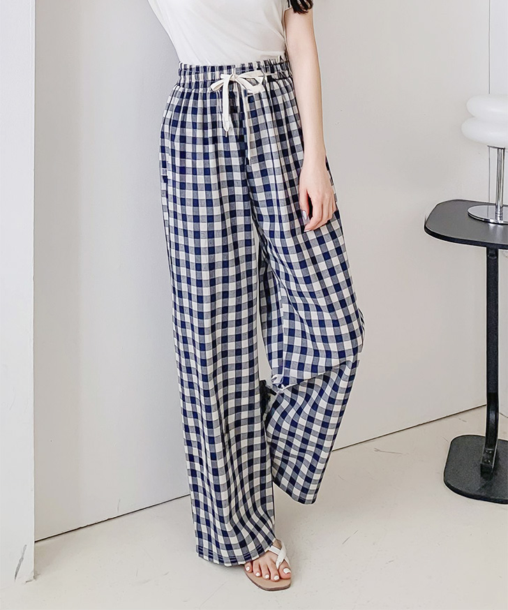 REAL STYLE ワイドパンツ レディース 丈長め 夏 涼しい ギンガム