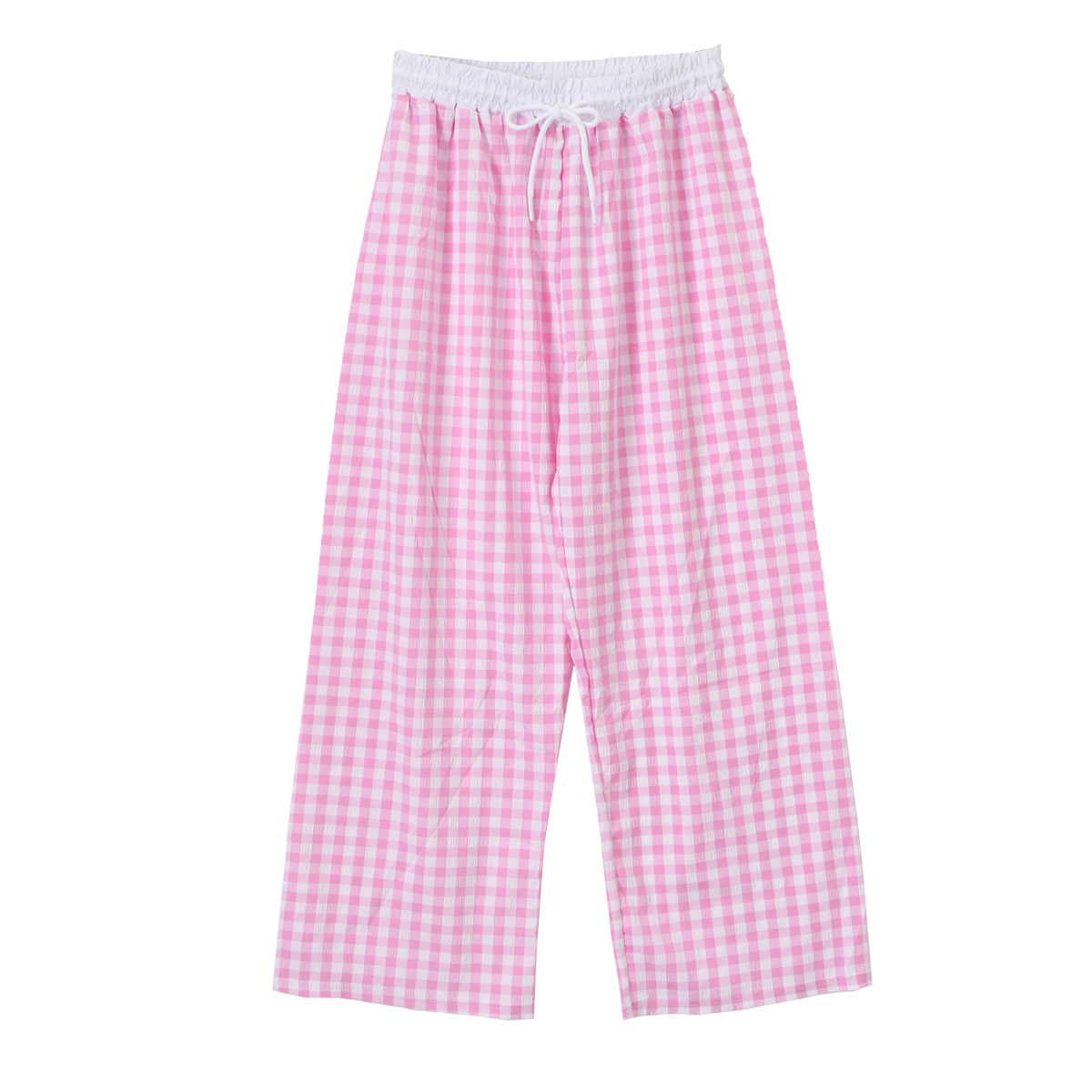 リラックスパンツ ギンガムチェック ピンク 着やせ   ワイド REAL STYLE（ファッション） ワイドパンツ レディース 丈長め 春